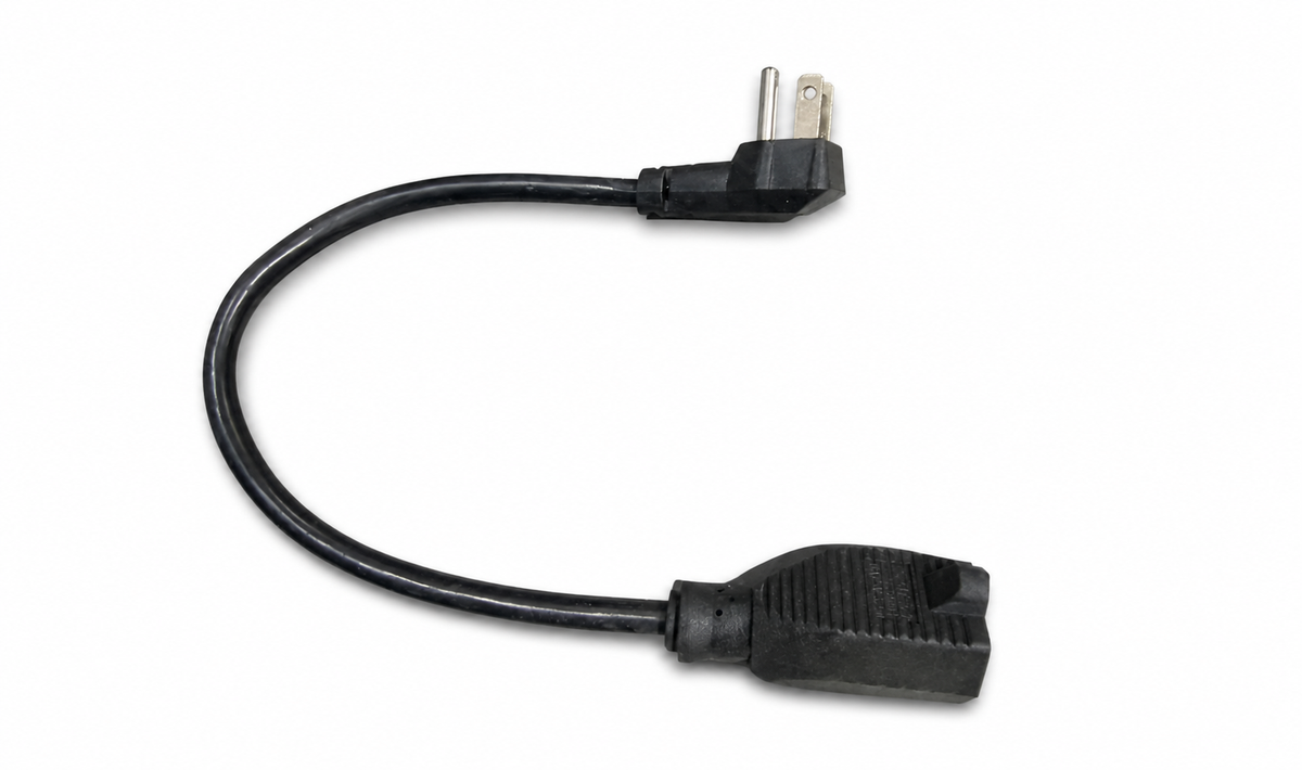 right-angle three-prong plug in a tight RV outlet space