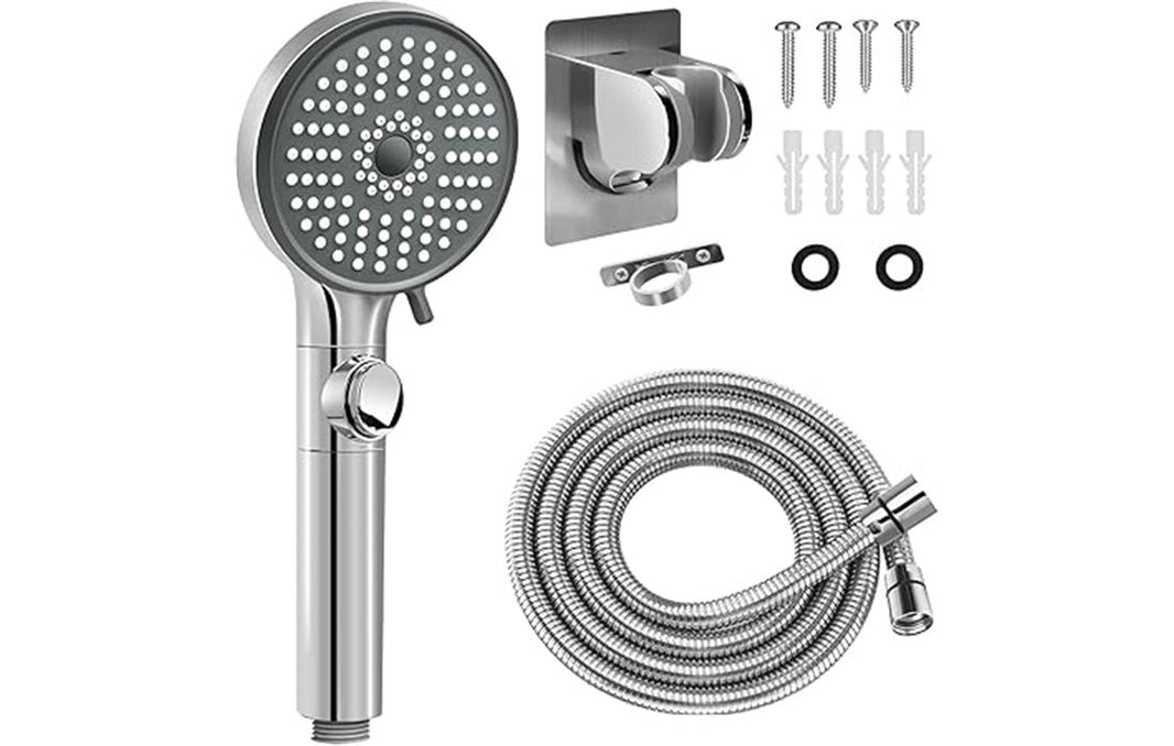handheld high-pressure shower head with hose in an RV