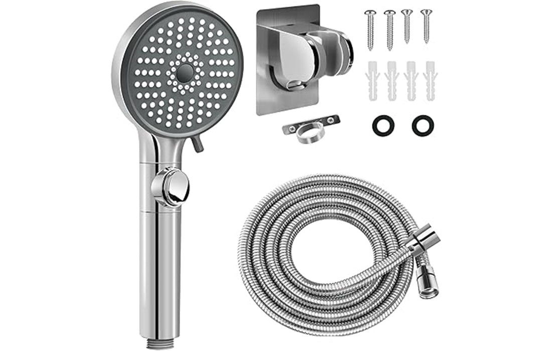 handheld high-pressure shower head with hose in an RV