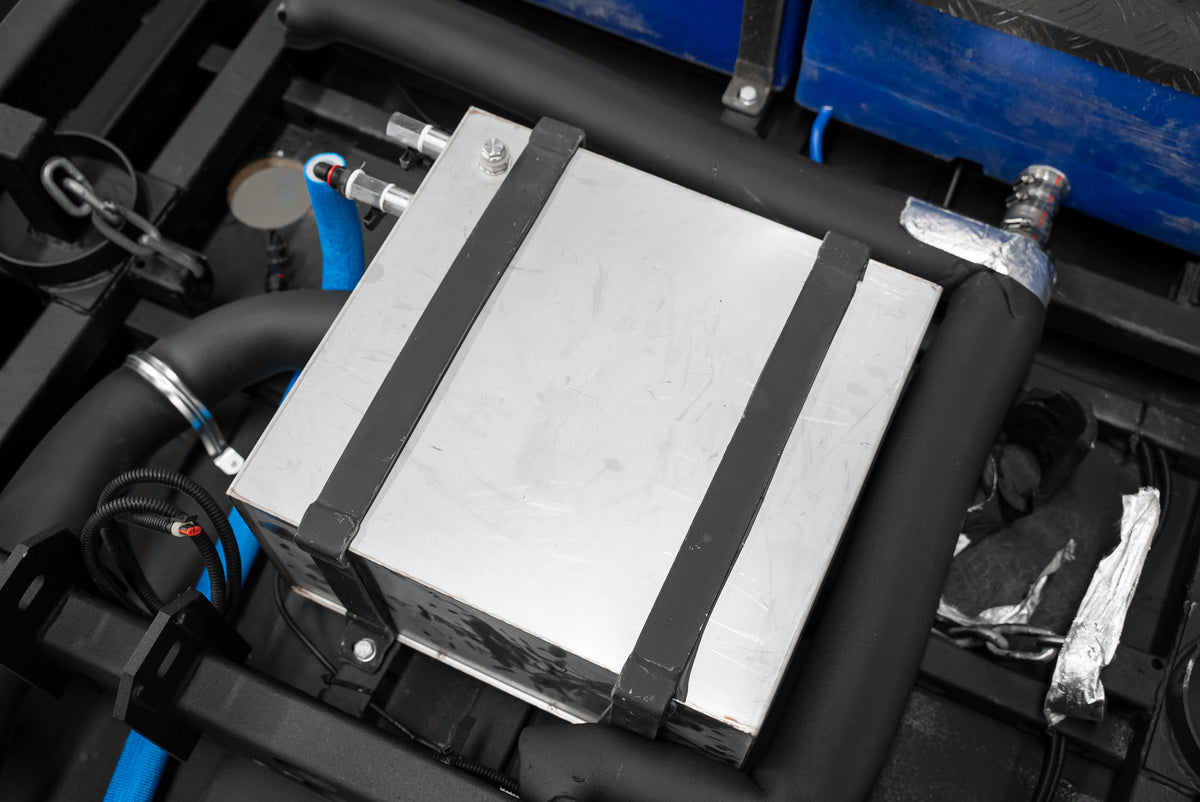 Stainless steel 16-gallon RV water tank with a baffled interior