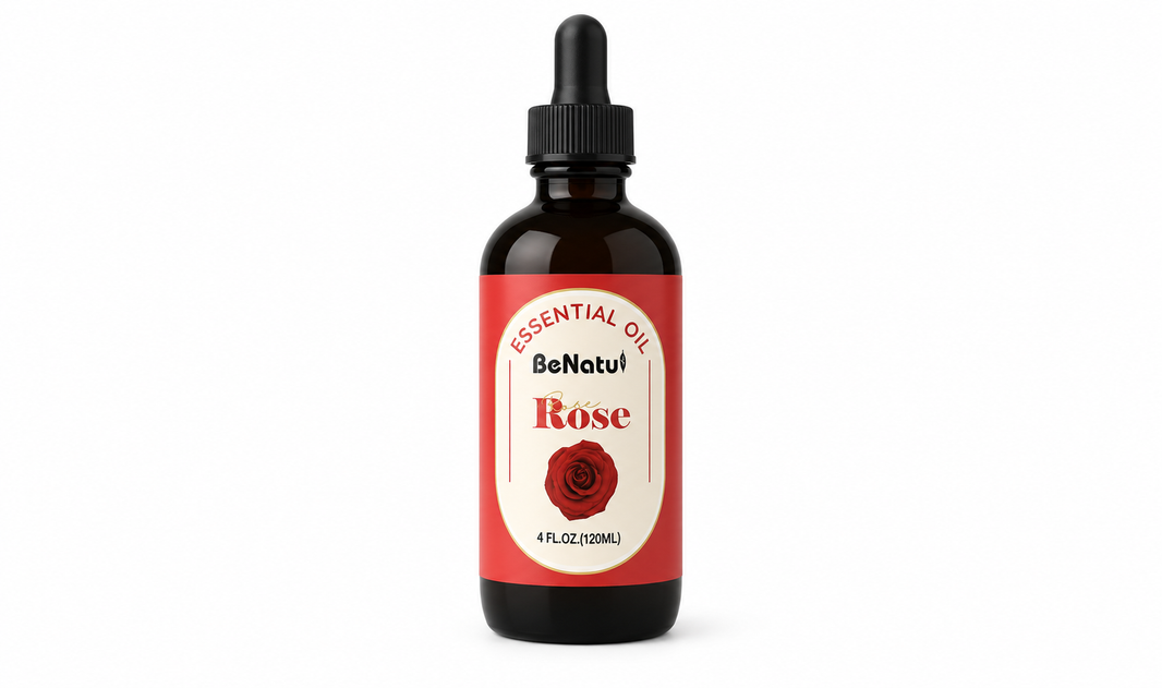 dropper bottle of rose essential oil in an RV