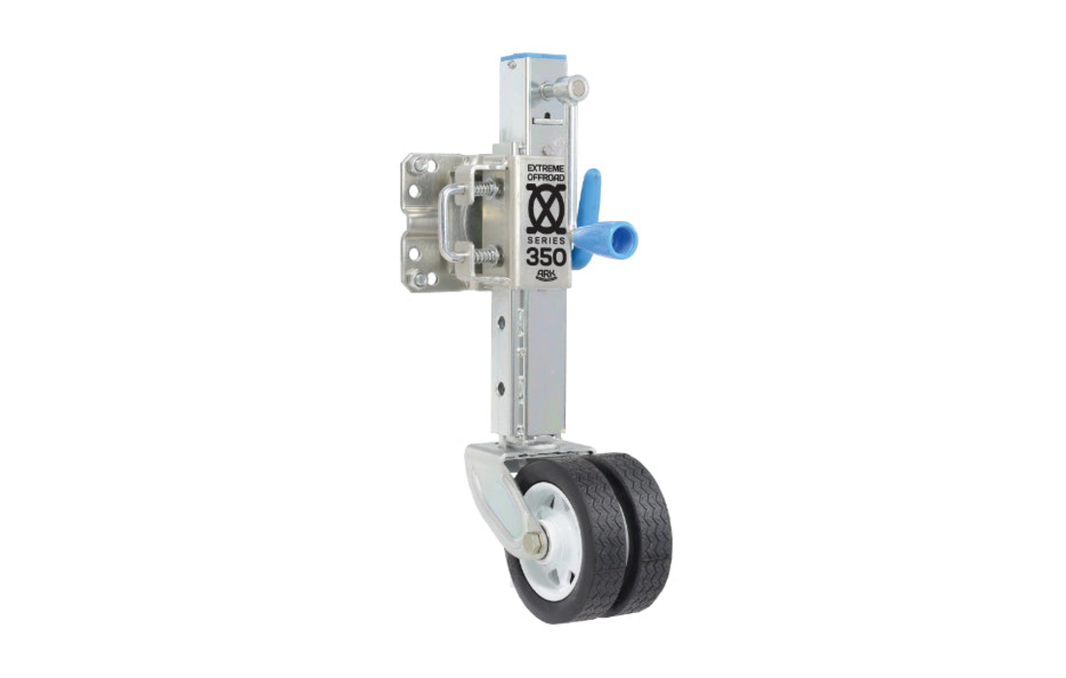 ARK XO350 trailer jack mounted on a lightweight off-road trailer tongue