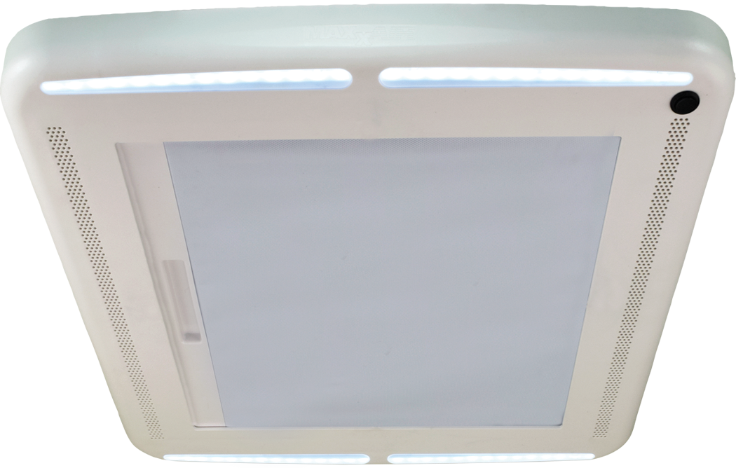MaxxAir MaxxShade Plus Retractable RV Roof Vent Shade with LED Lighting, 14" x 14" Vents, White