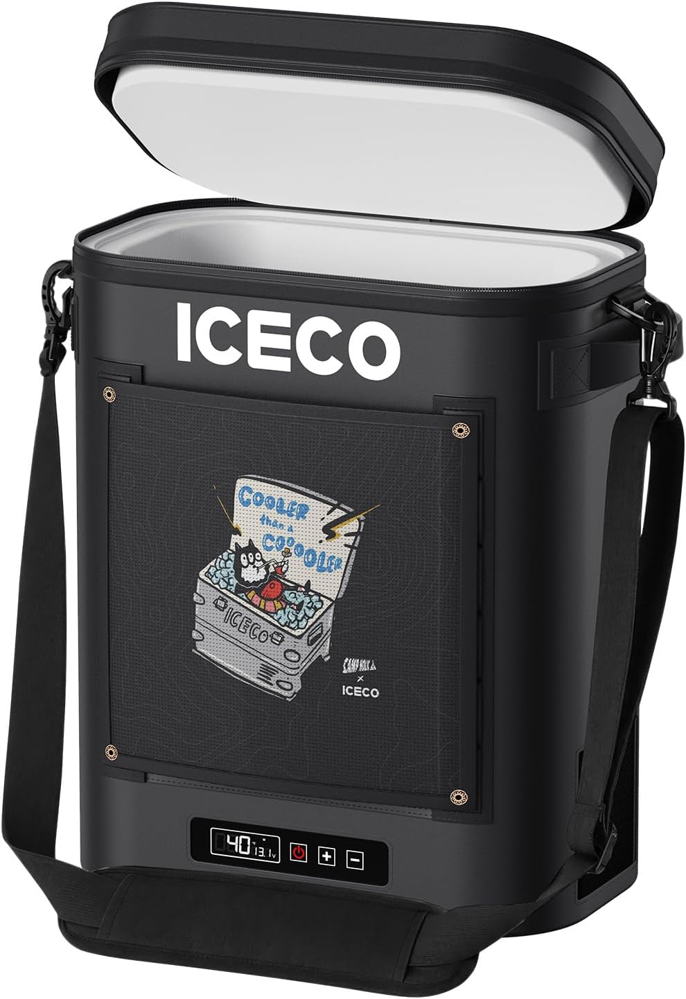 ICECO GOPACK12 13.5QT backpack fridge freezer in black with lid open and strap