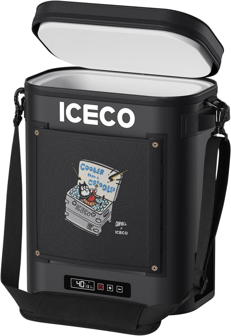 ICECO GOPACK12 13.5QT backpack fridge freezer in black with lid open and strap