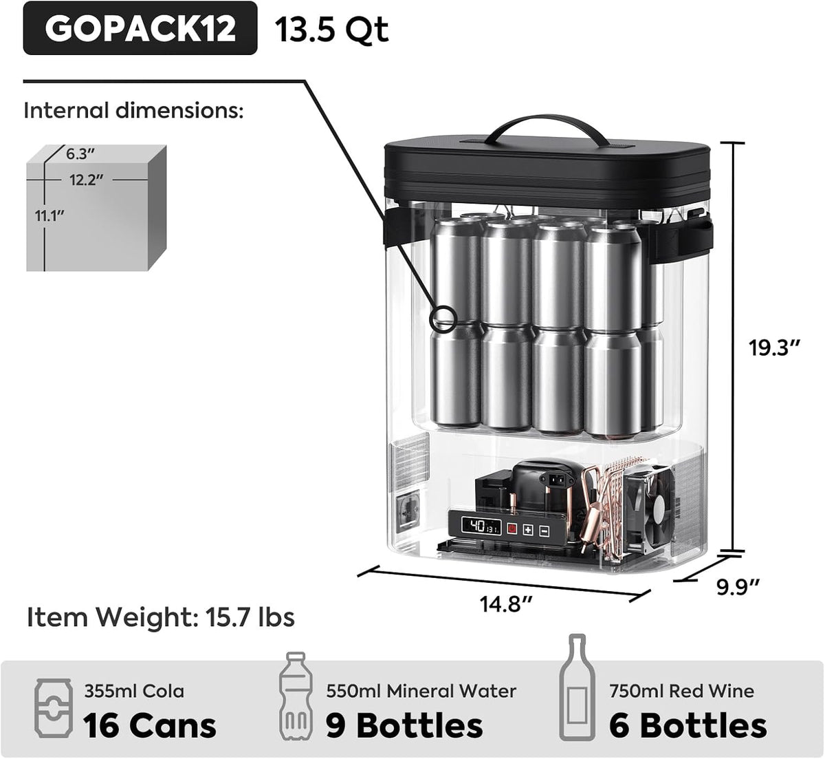 ICECO GOPACK12 13.5QT dimensions diagram with internal measurements and can capacity