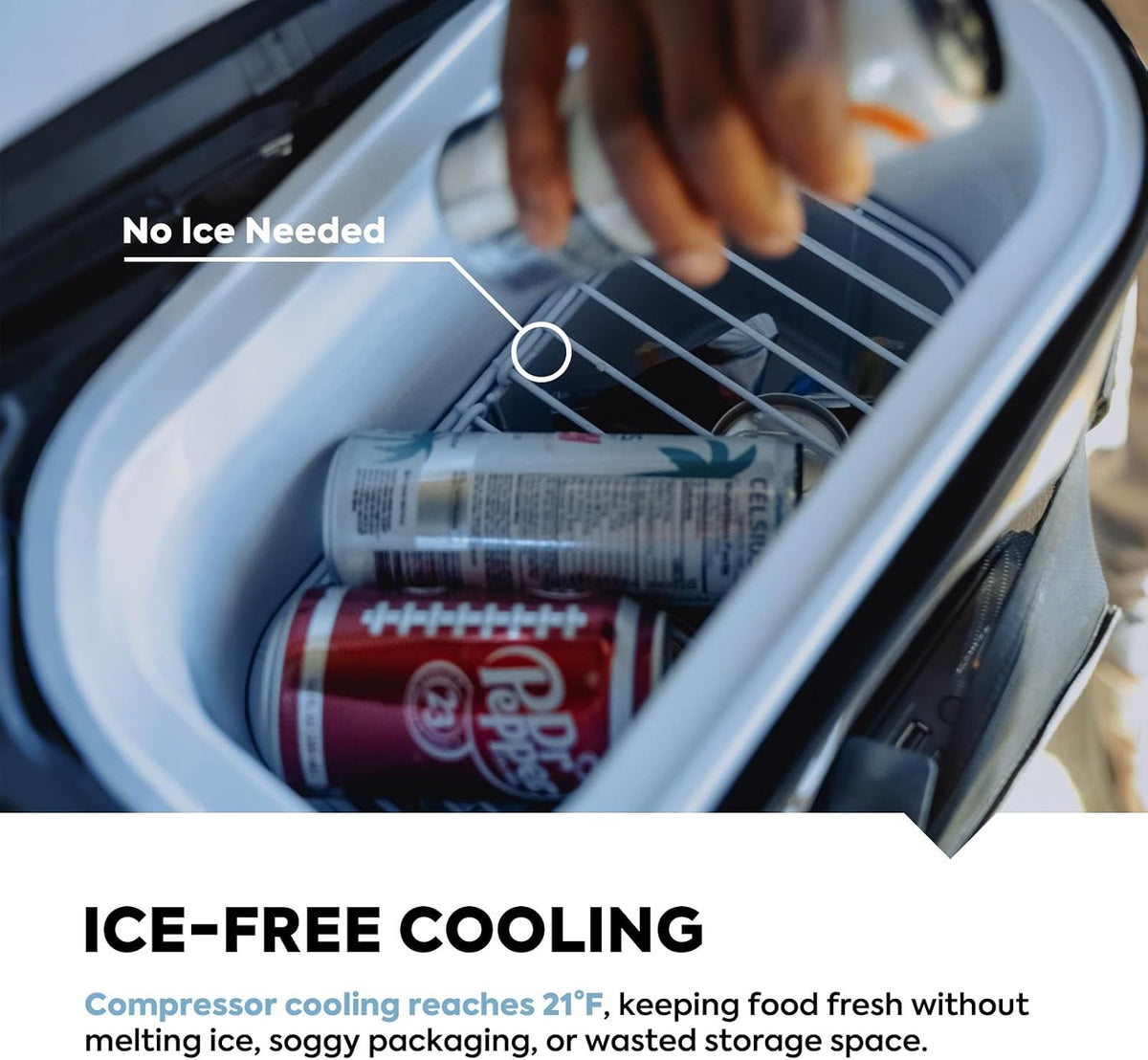 ICECO GOPACK12 interior with drink cans and wire divider, no ice needed