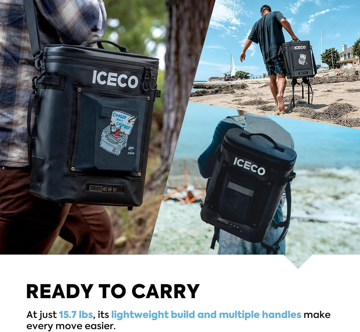 ICECO GOPACK12 carried as shoulder bag and backpack on hikes and beach