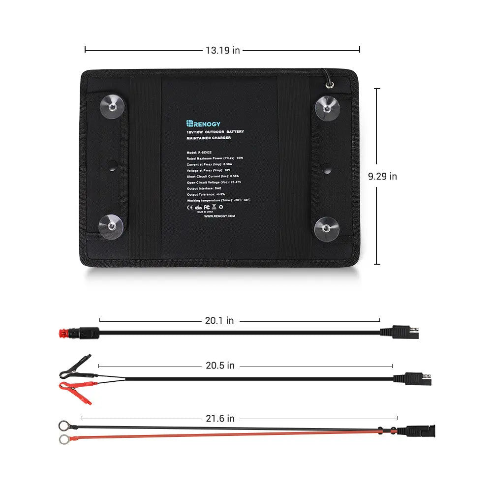 Renogy 10W solar battery trickle charger with SAE cables