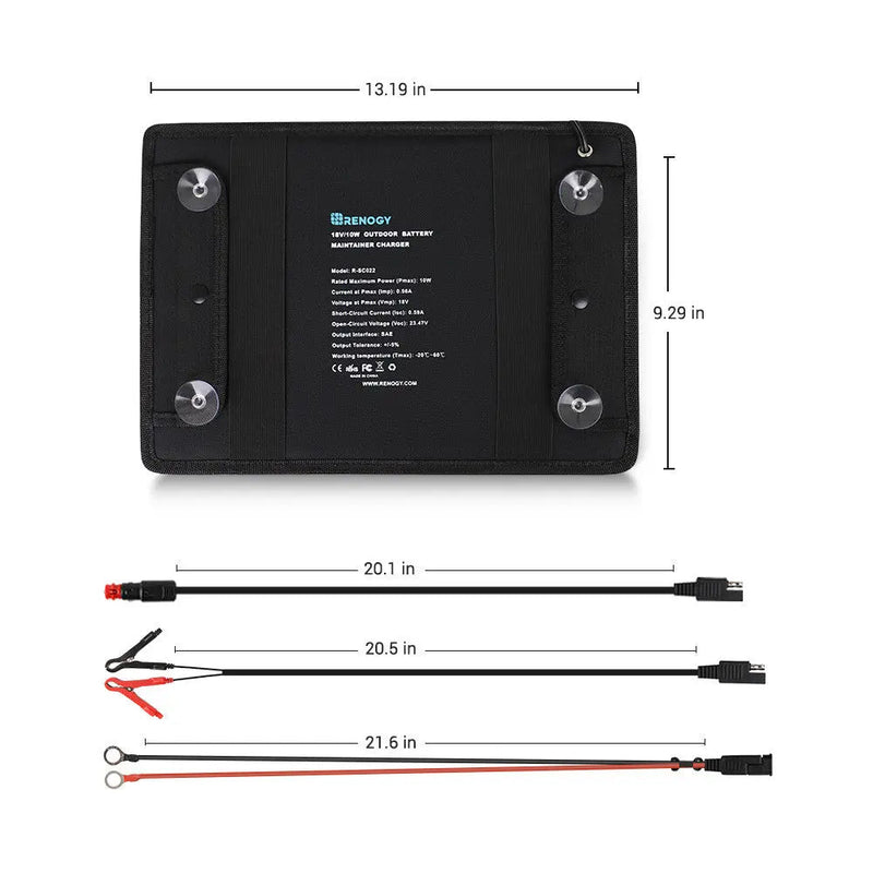 Renogy 10W solar battery trickle charger with SAE cables