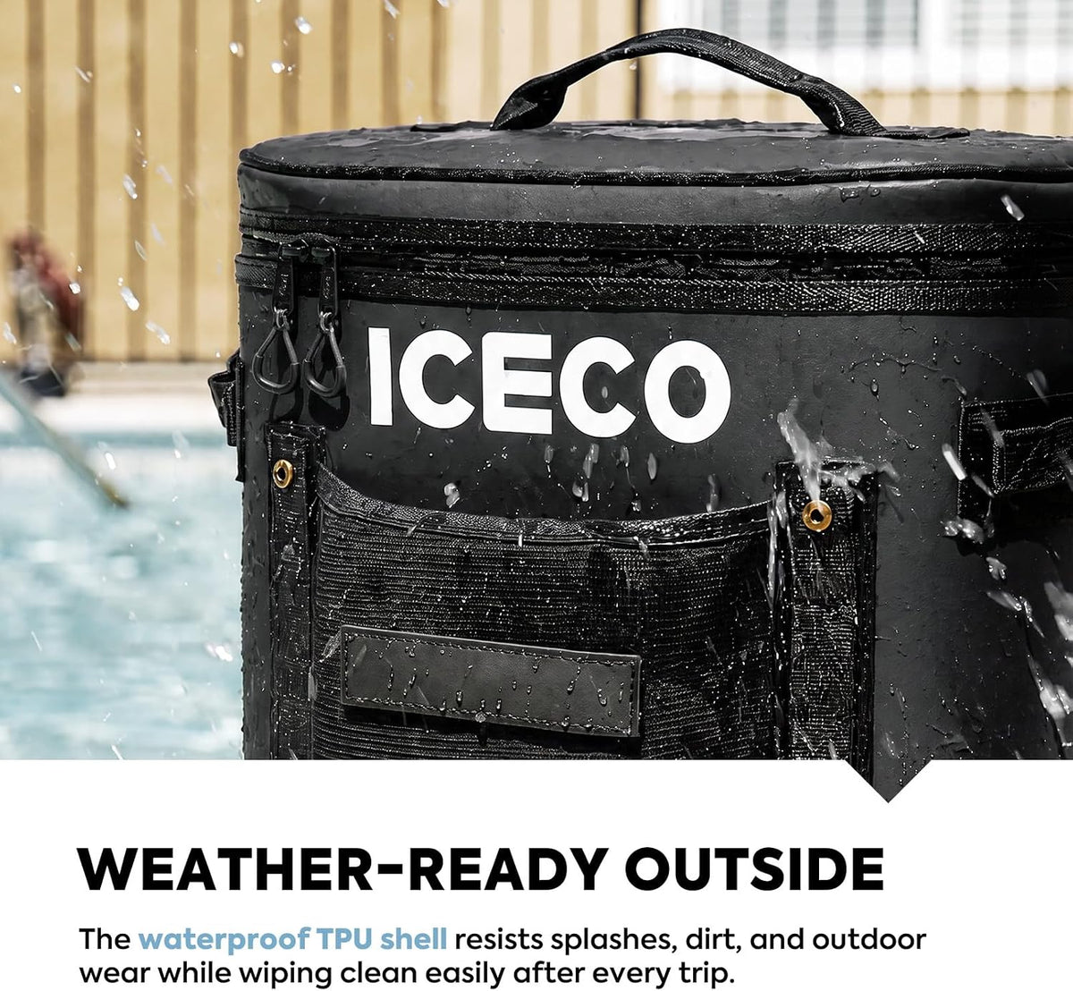 ICECO GOPACK12 waterproof shell splashed with water beside a pool