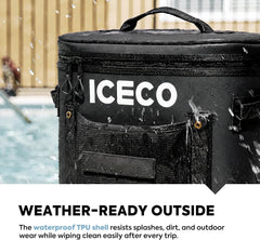 ICECO GOPACK12 waterproof shell splashed with water beside a pool
