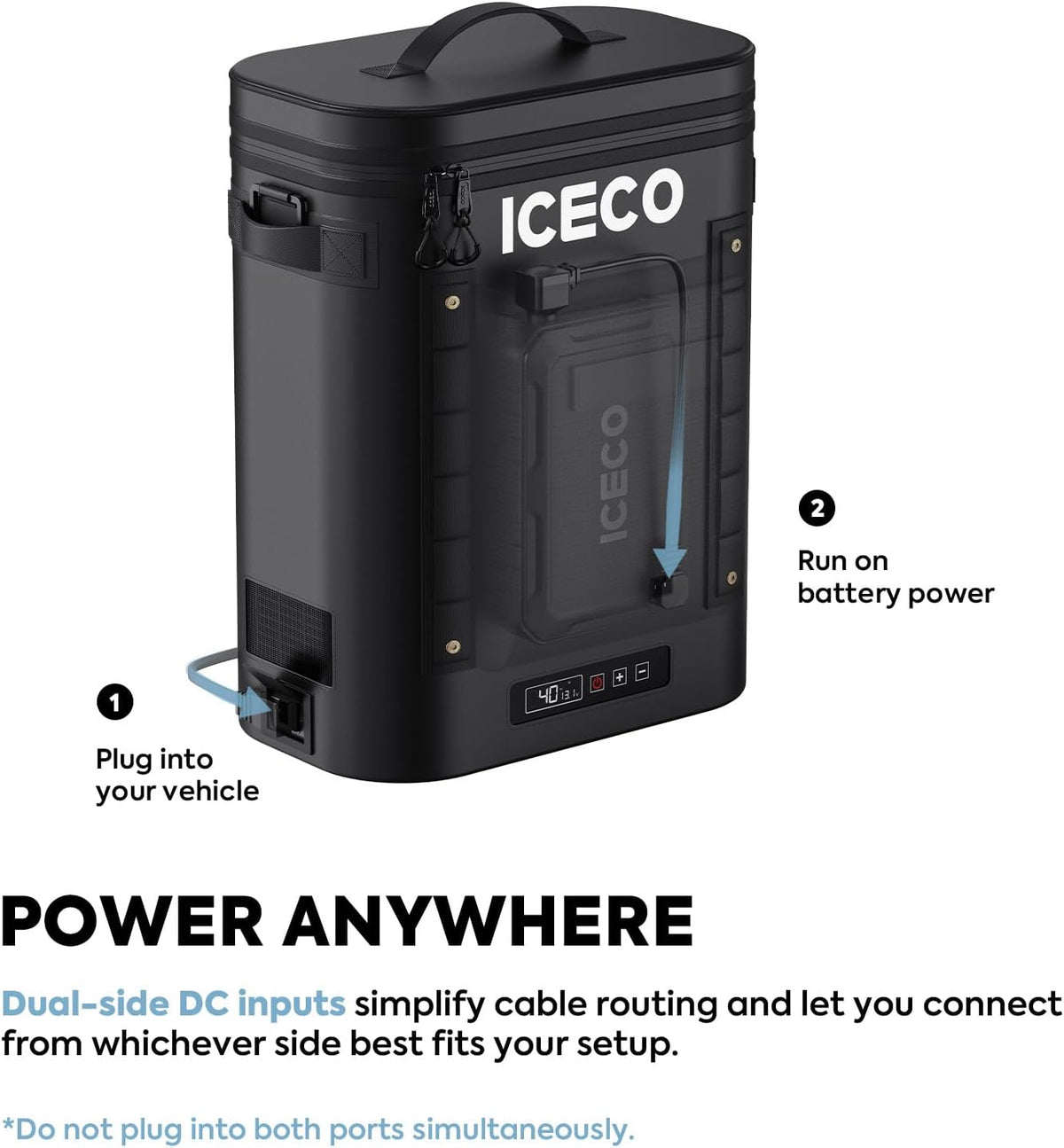 ICECO GOPACK12 dual-side DC inputs diagram for vehicle or battery power