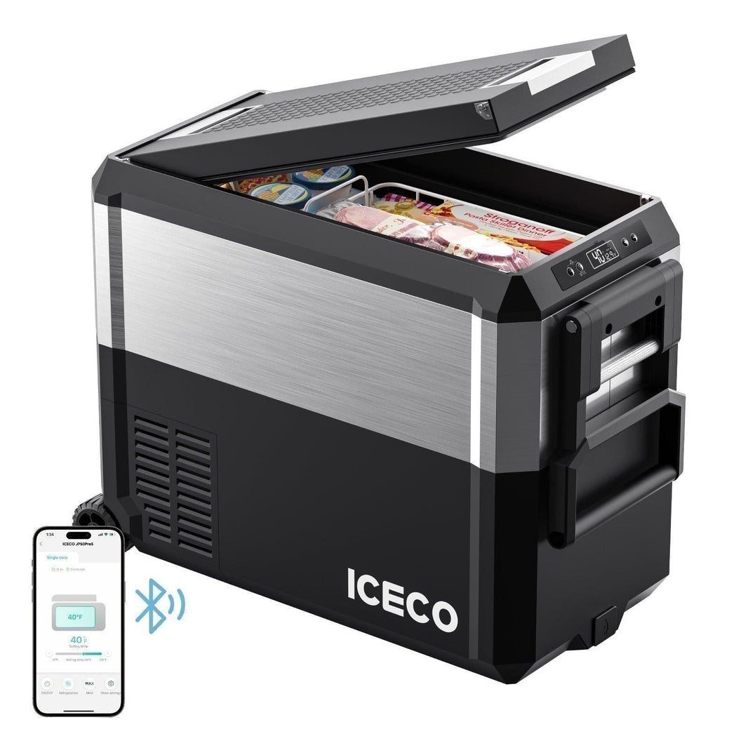 ICECO JP50 Pro wheeled portable fridge freezer with the lid open and the ICECO app on a phone