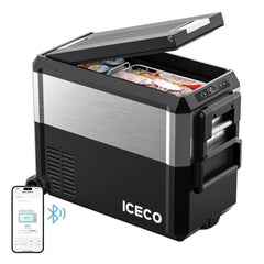 ICECO JP50 Pro wheeled portable fridge freezer with the lid open and the ICECO app on a phone
