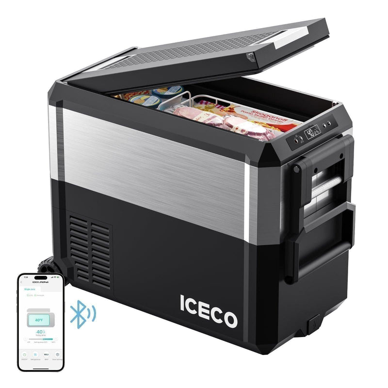 ICECO JP50 Pro wheeled portable fridge freezer with the lid open and the ICECO app on a phone