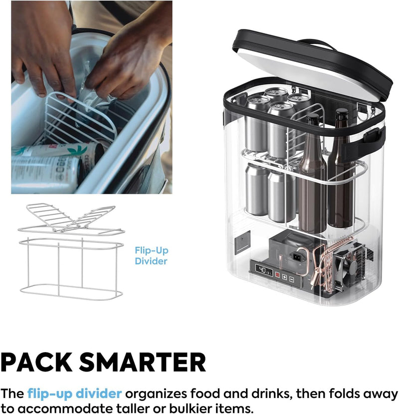 ICECO GOPACK12 flip-up wire divider shown in use and in see-through view