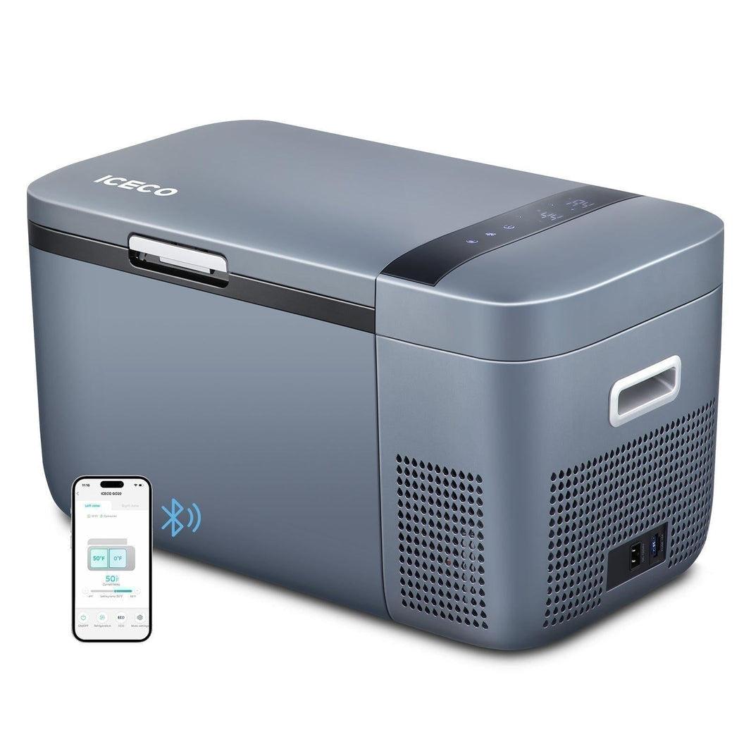 ICECO GO20 dual zone portable fridge freezer in grey with the ICECO app on a phone