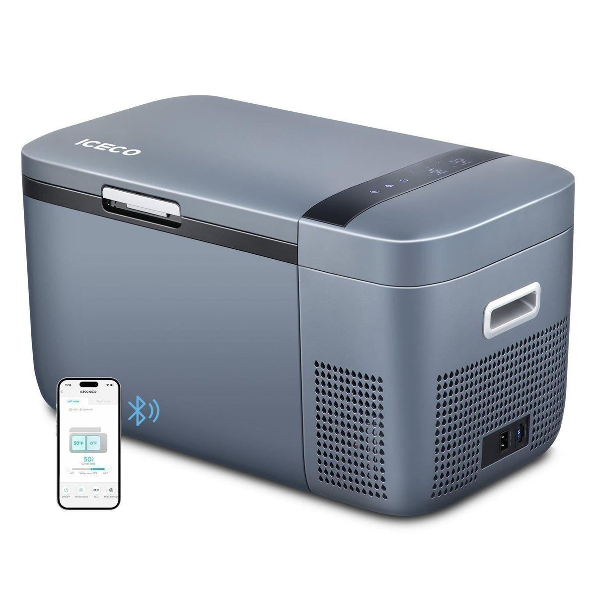 ICECO GO20 dual zone portable fridge freezer in grey with the ICECO app on a phone