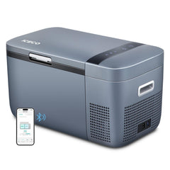 ICECO GO20 dual zone portable fridge freezer in grey with the ICECO app on a phone