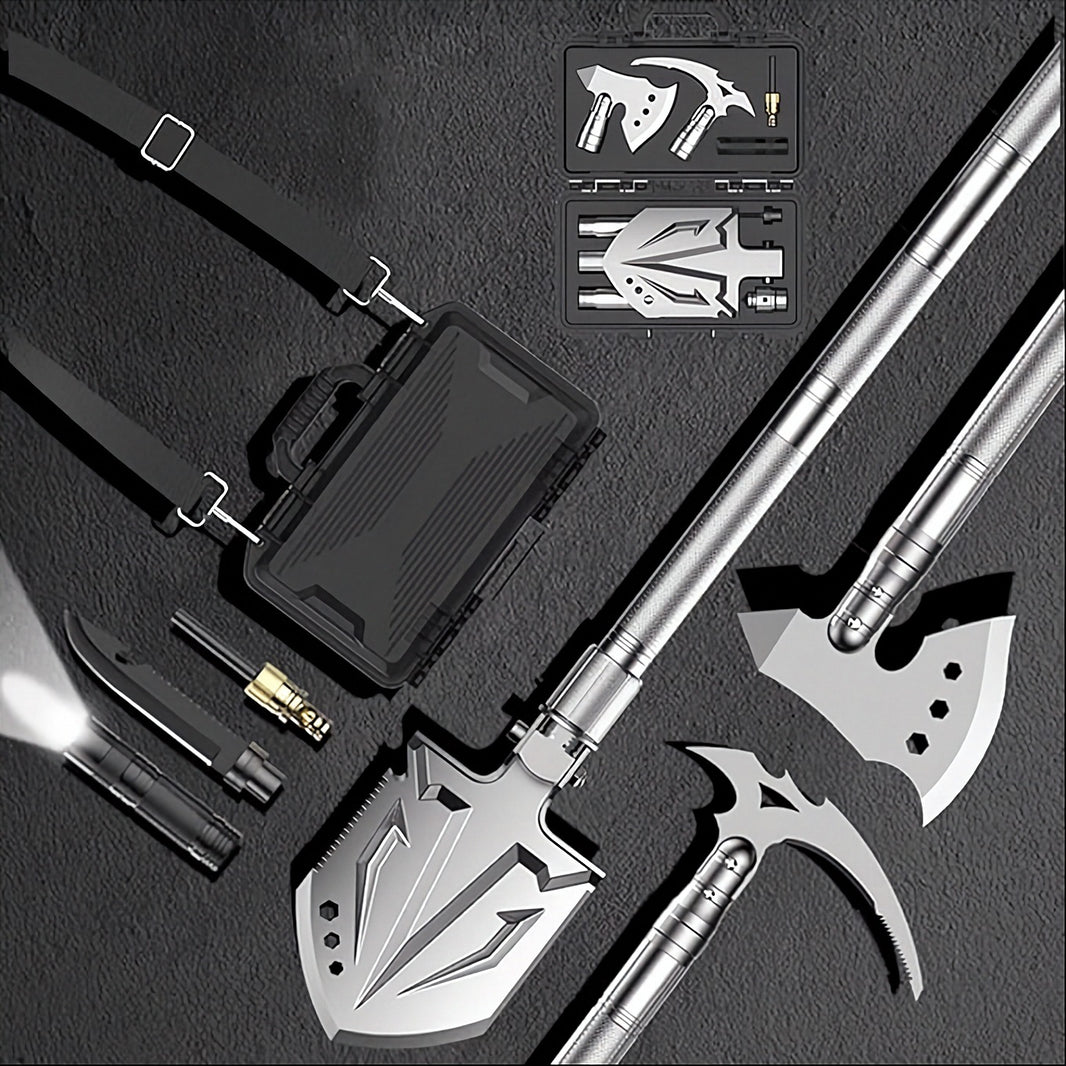 Folding survival shovel, axe, pick, knife and carry case kit
