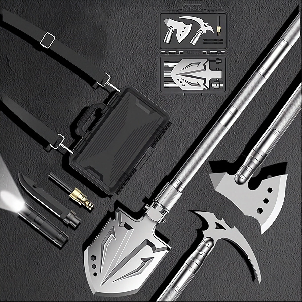 Folding survival shovel, axe, pick, knife and carry case kit
