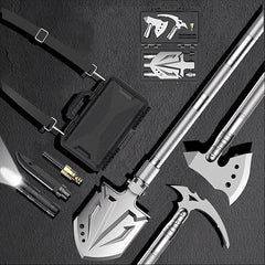Folding survival shovel, axe, pick, knife and carry case kit