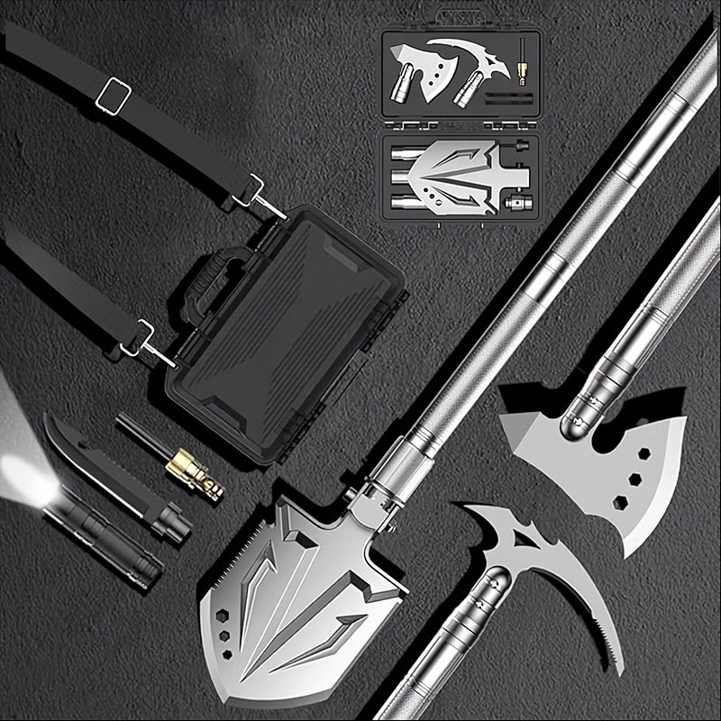 Folding survival shovel, axe, pick, knife and carry case kit