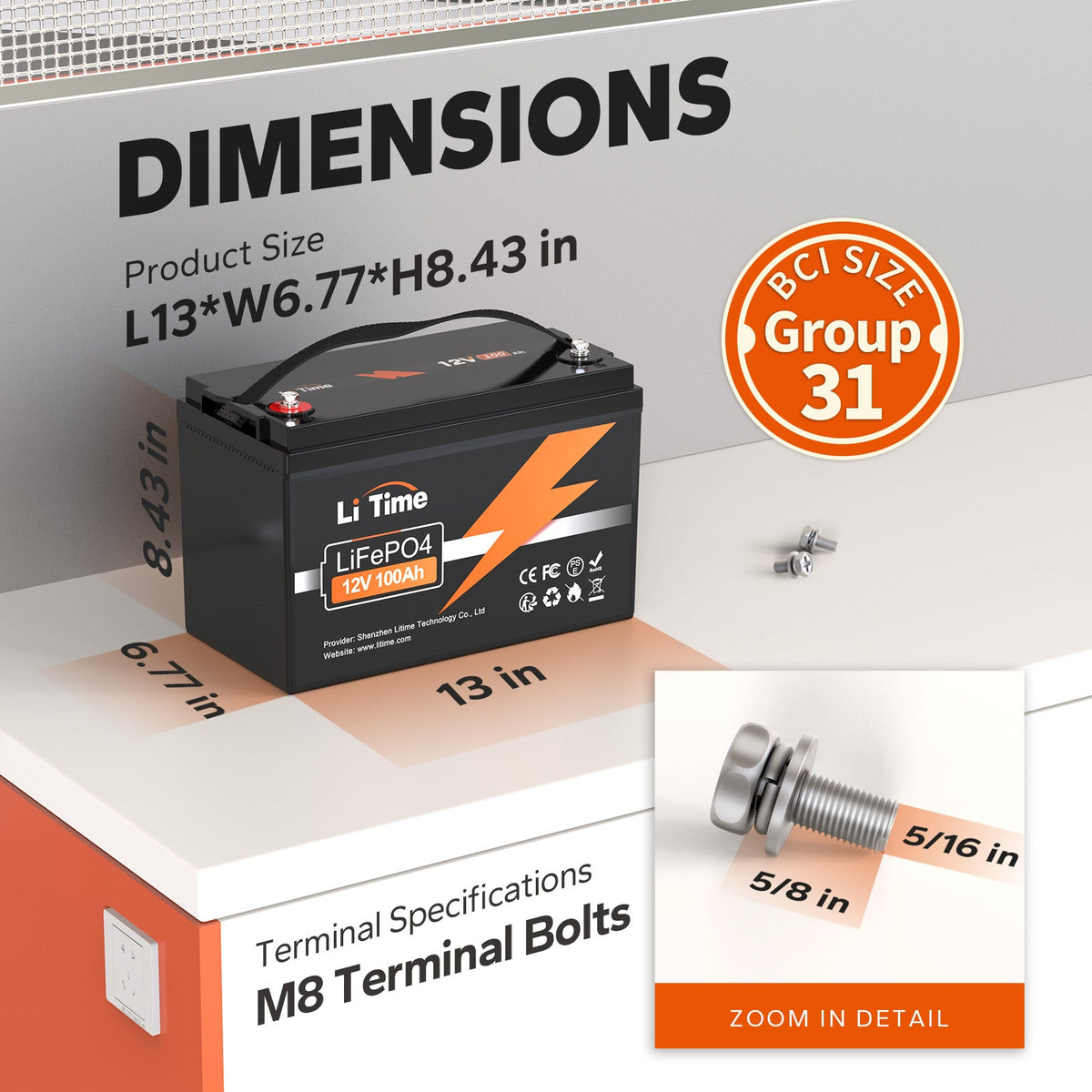 LiTime 12V 100Ah LiFePO4 Lithium Deep Cycle Battery (Group 31)