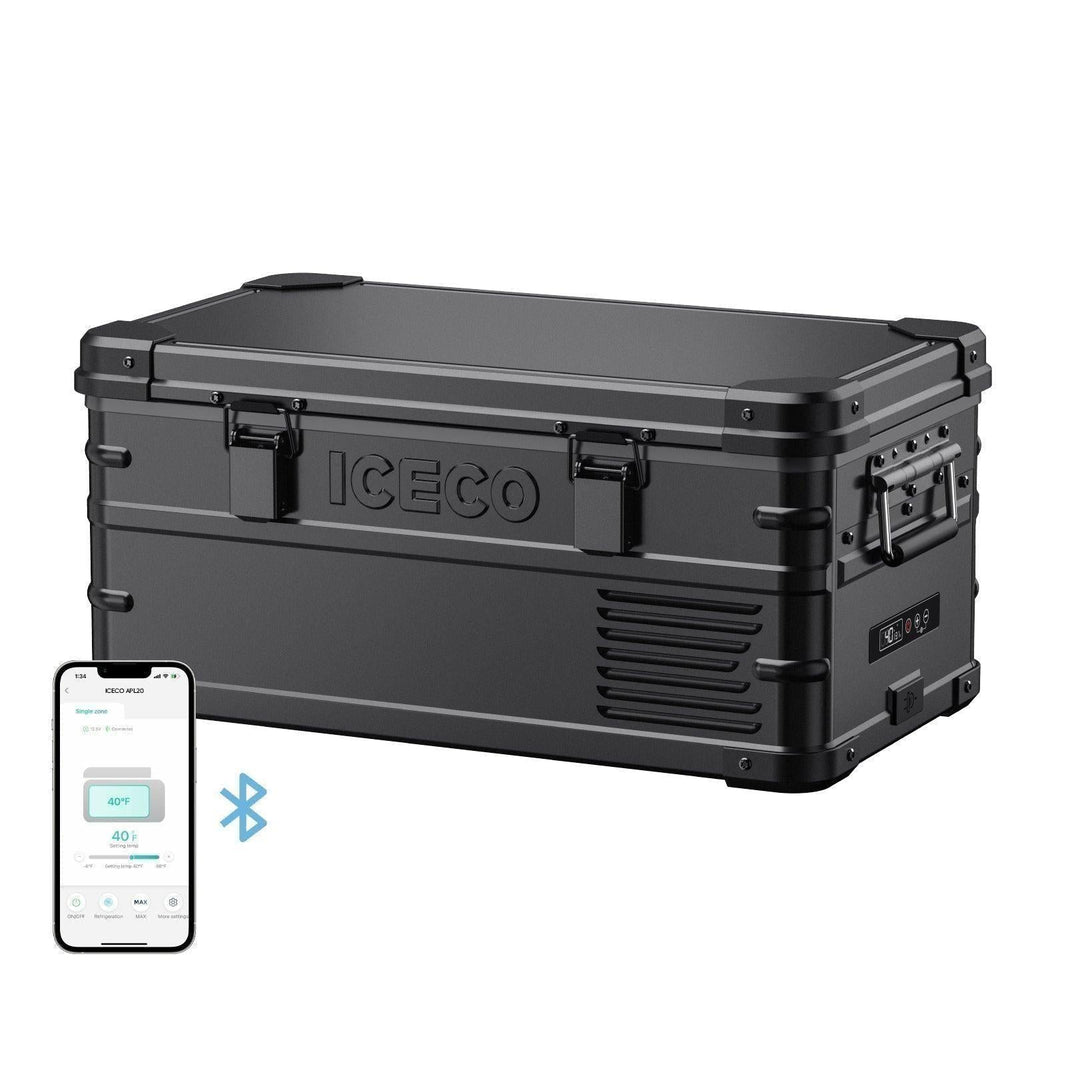 ICECO APL20 fridge freezer in black, front view with Bluetooth app on phone