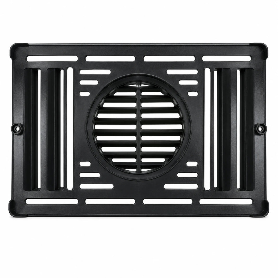 Dometic 9108858153 furnace cabinet front vent grille, black plastic, face-on