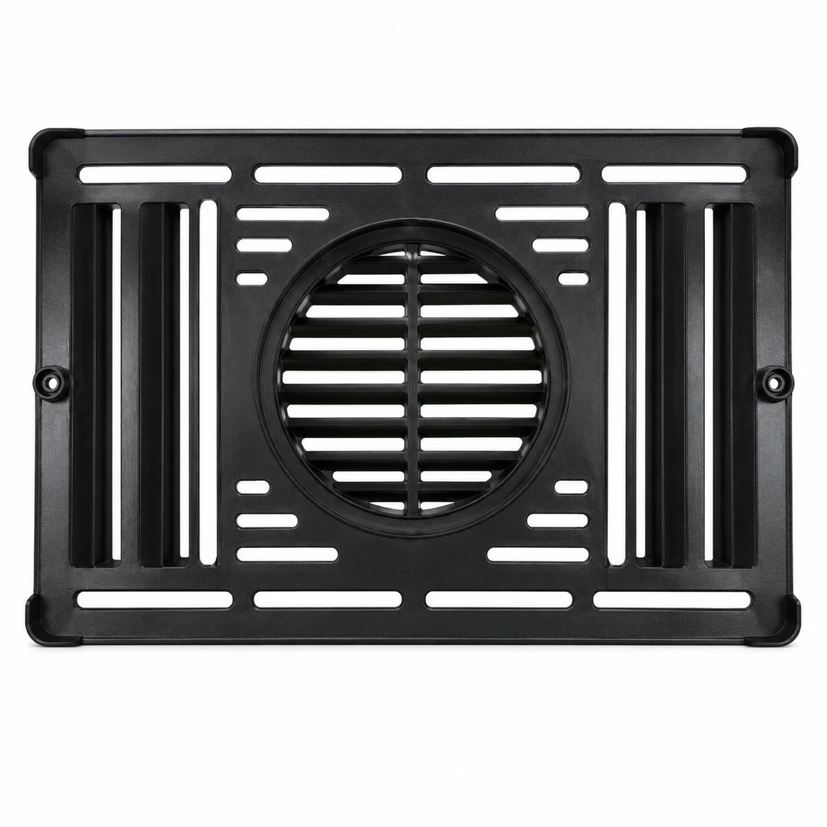 Dometic 9108858153 furnace cabinet front vent grille, black plastic, face-on