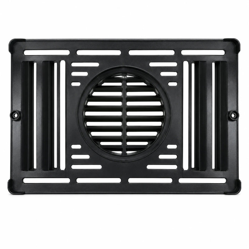 Dometic 9108858153 furnace cabinet front vent grille, black plastic, face-on