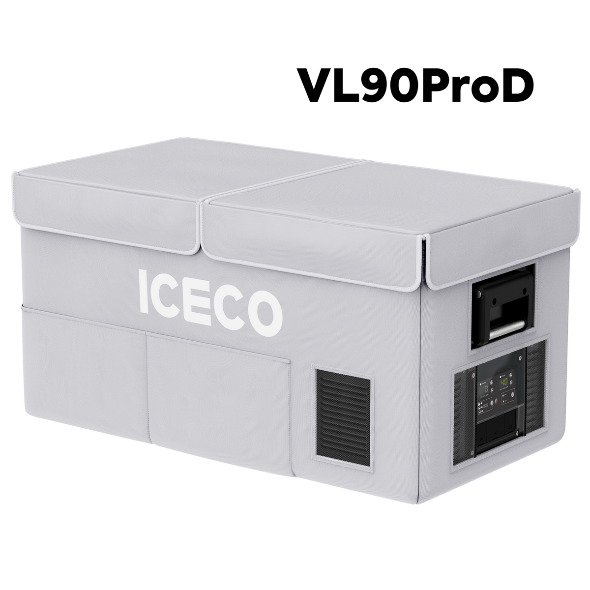 ICECO insulated protective cover on a VL90ProD dual zone fridge, gray