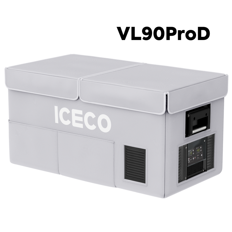 ICECO insulated protective cover on a VL90ProD dual zone fridge, gray