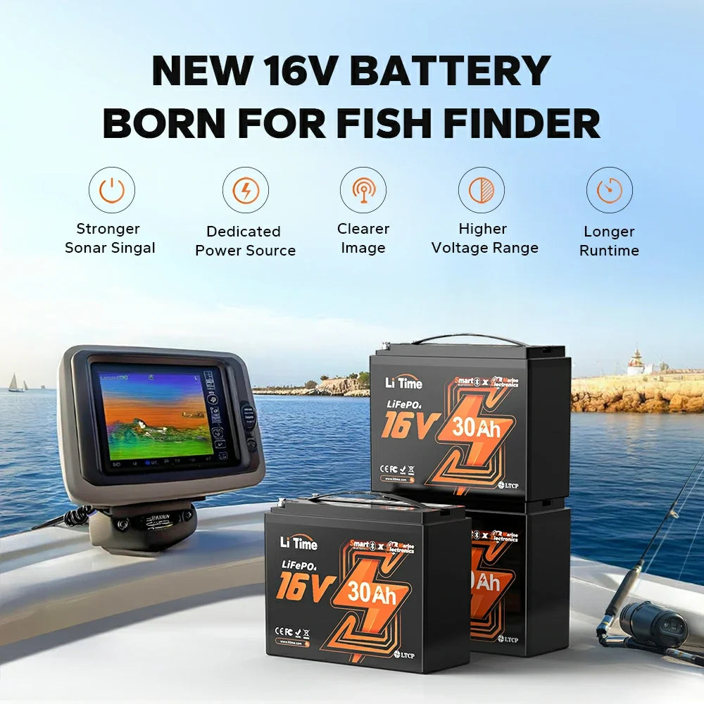 LiTime 16V 30Ah Bluetooth LiFePO4 Fish Finder & Kayak Battery