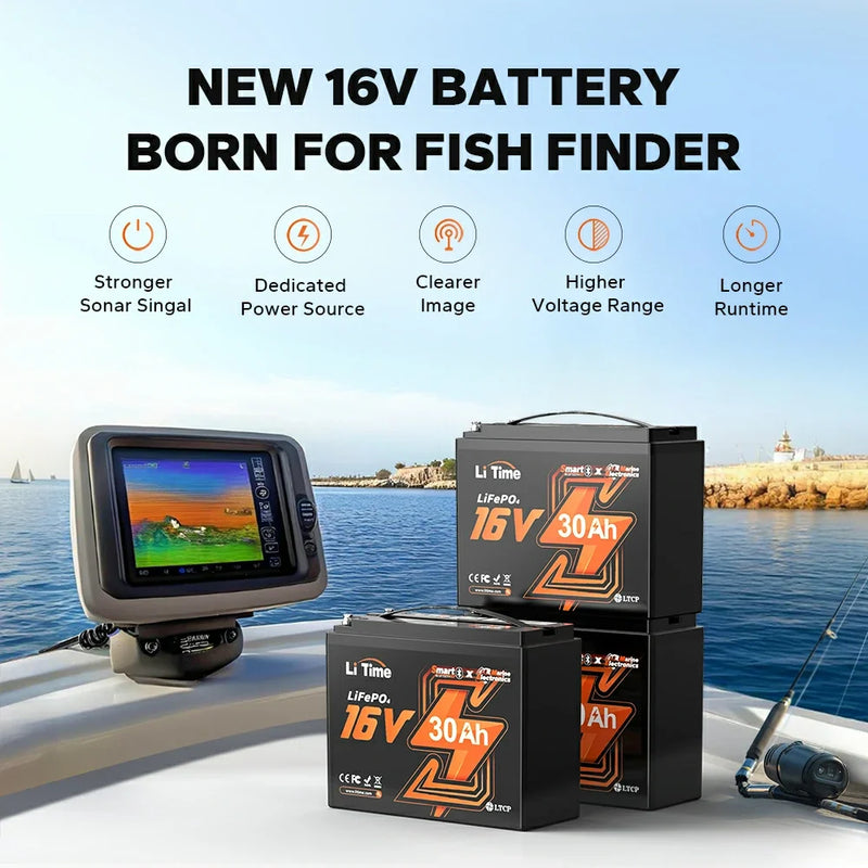 LiTime 16V 30Ah Bluetooth LiFePO4 Fish Finder & Kayak Battery