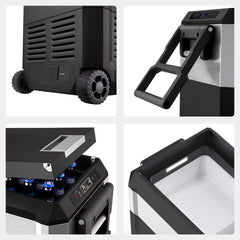 ICECO JP50 Pro close-ups: wheels, fold-out handle, control panel and insulated interior