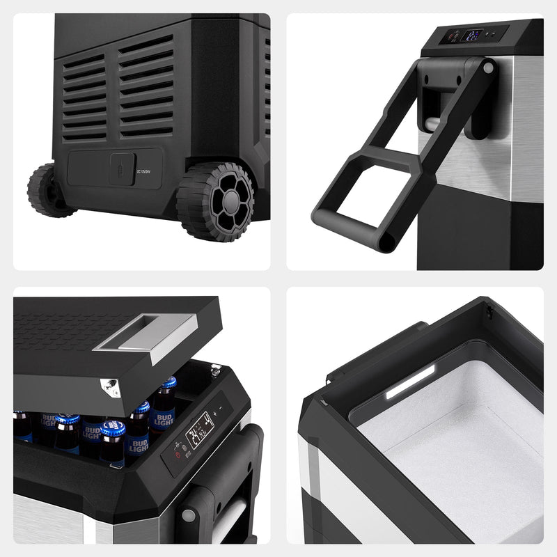 ICECO JP50 Pro close-ups: wheels, fold-out handle, control panel and insulated interior