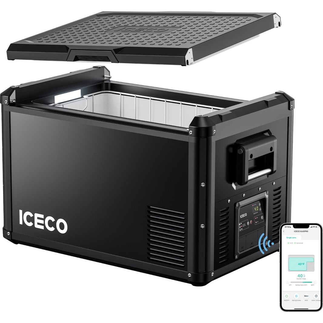 ICECO VL60ProS with lid lifted off showing basket and app on phone