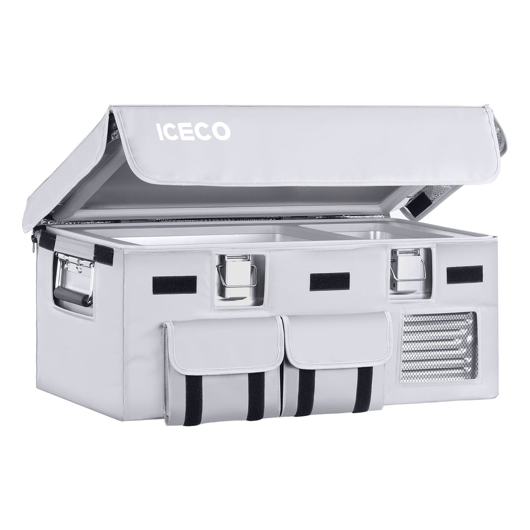 ICECO insulated protective cover on an APL20 portable fridge, gray