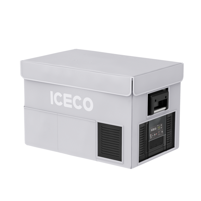 ICECO upgraded insulated protective cover on a VL60ProS portable fridge, gray