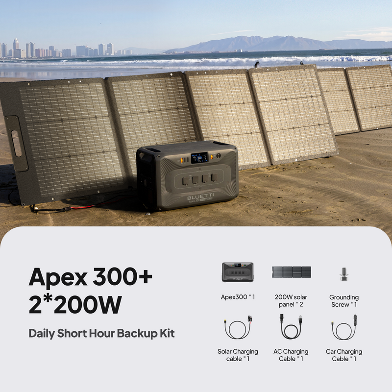 BLUETTI Apex 300 power station with two 200W solar panels