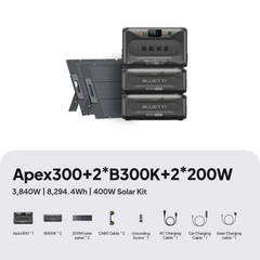 BLUETTI Apex 300 with two B300K batteries and two 200W solar panels