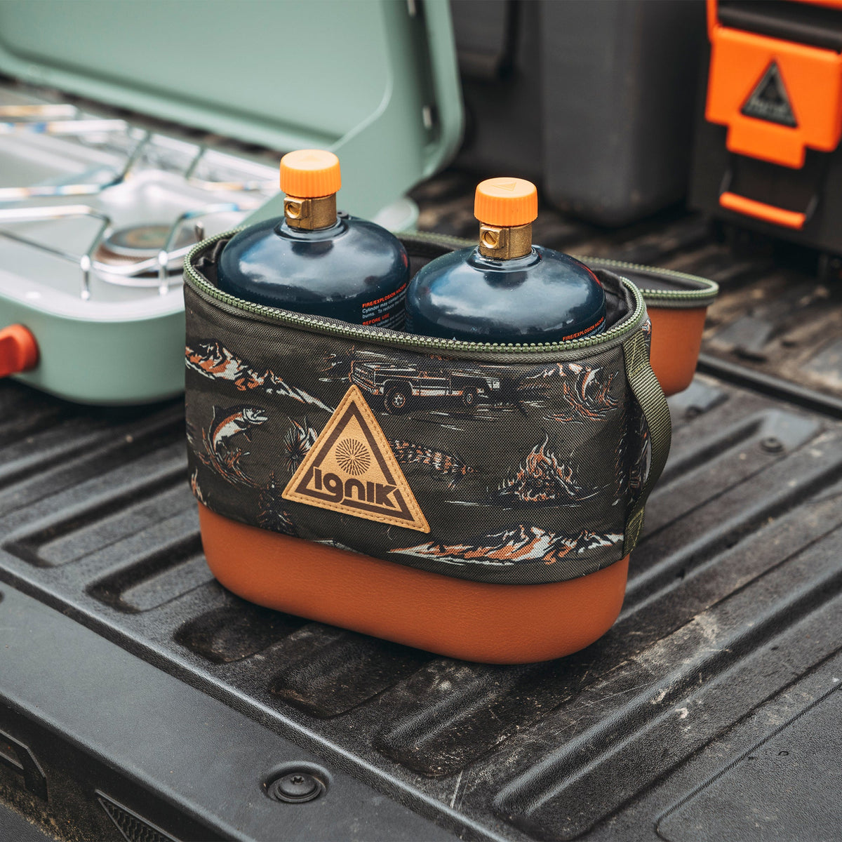 Ignik propane bottle case holding two TapRack bottles