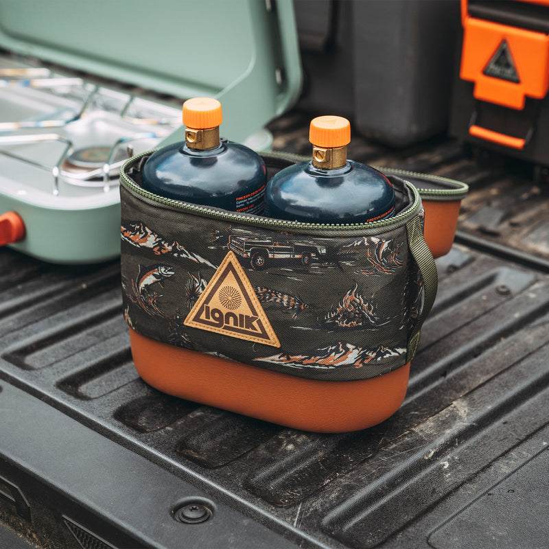 Ignik propane bottle case holding two TapRack bottles