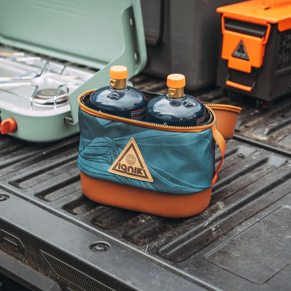 Ignik propane bottle case holding two TapRack bottles