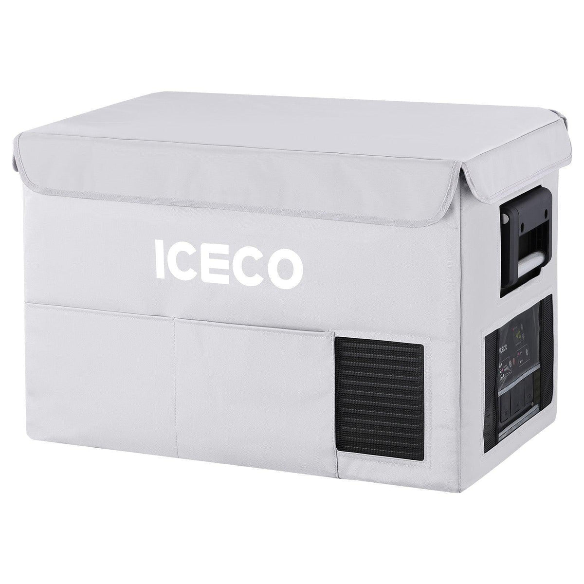 ICECO two-piece insulated protective cover on a VL45ProS portable fridge, gray