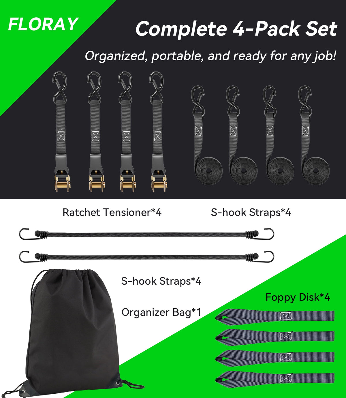 Heavy-duty ratchet straps 1 inch x 15 ft, 4-pack