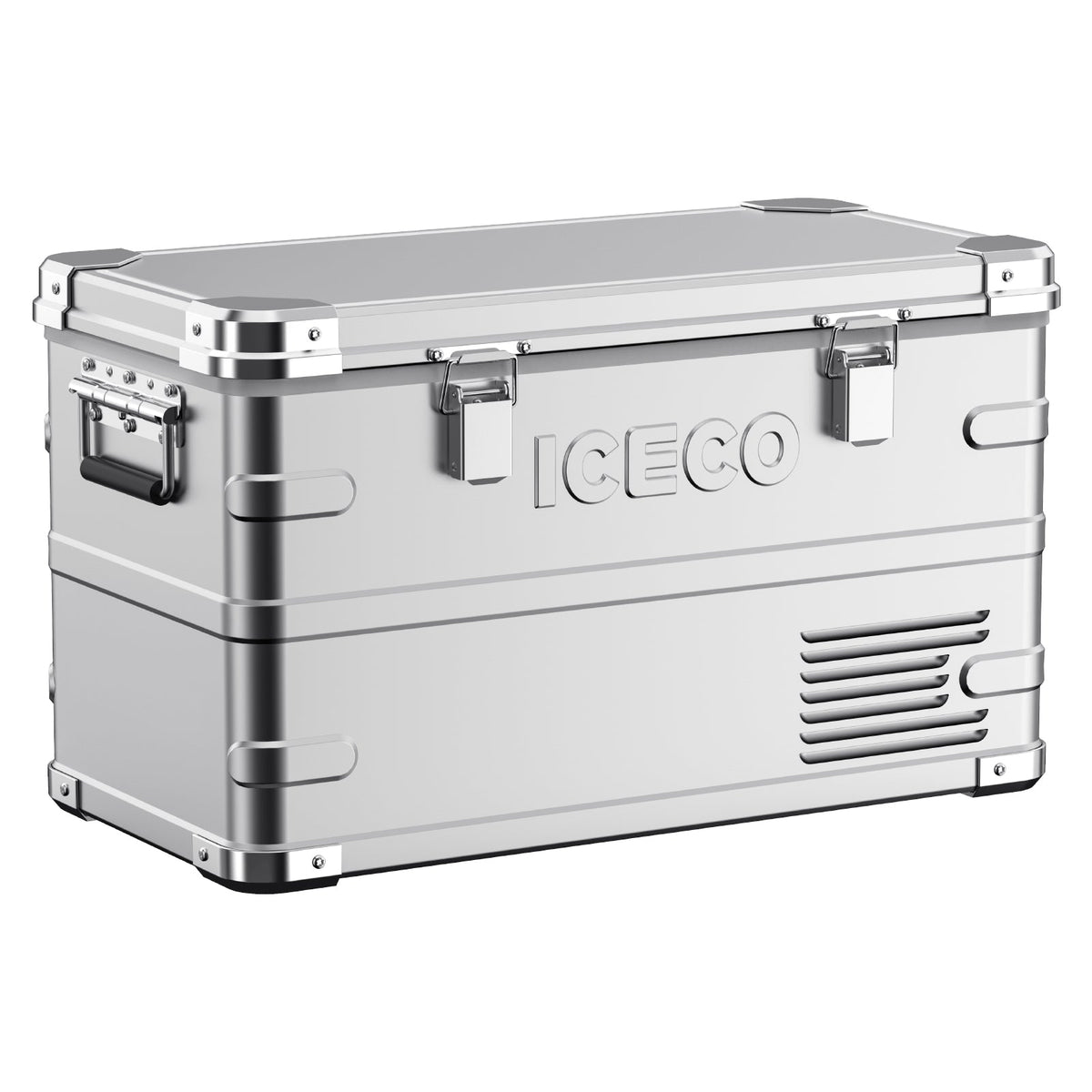 ICECO APL35 silver aluminum dual zone fridge freezer, three-quarter view